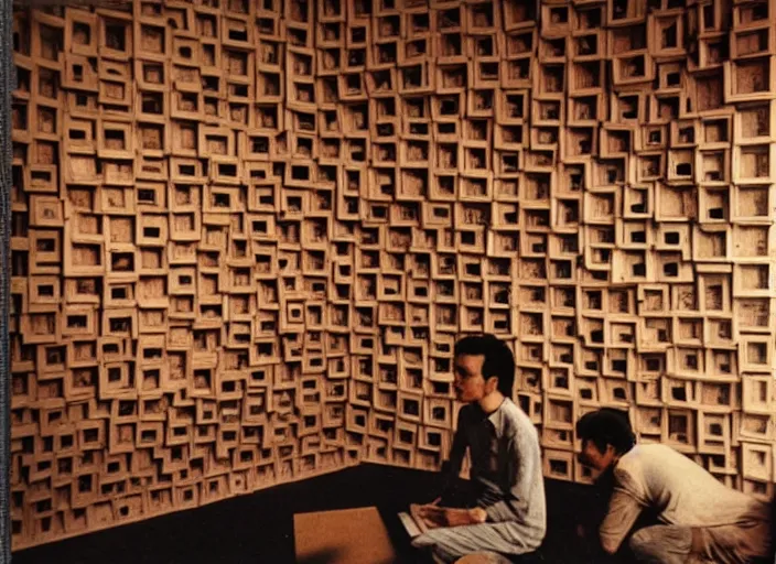 Prompt: realistic photo museum artifact human computer, made of wooden fragments levitating in the living room wooden walls 1 9 9 0, life magazine reportage photo