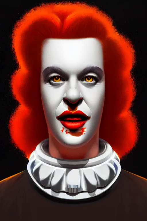 Image similar to a portrait of intergalactic ronald mcdonald, grim - lighting, high - contrast, intricate, elegant, highly detailed, digital painting, artstation, concept art, smooth, sharp focus, illustration