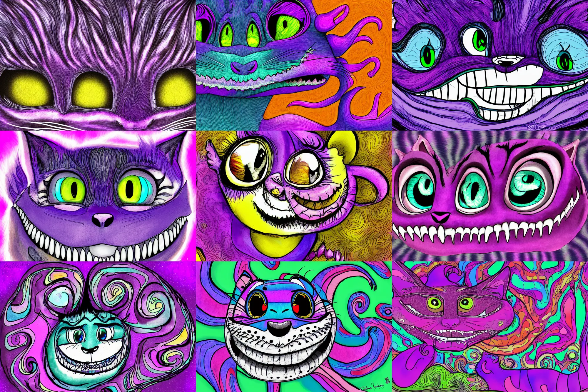 Prompt: psychedelic Cheshire cat smiling way too big, digital art