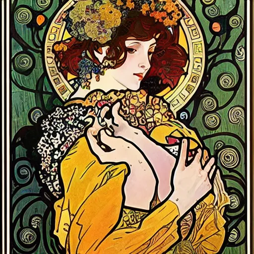Prompt: a combination of the art styles of Alphonse Mucha and Gustav Klimt
