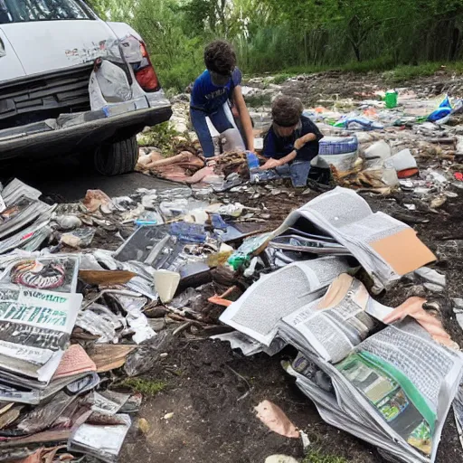 Image similar to a family of raccoon digging through a gigantic mound of trash and newspapers and junk