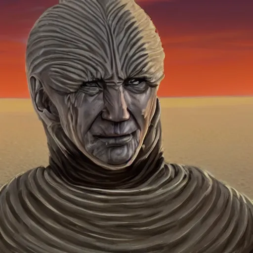 Image similar to dune sandworm emerging from sand with a photorealistic face of Joe Biden; 4k