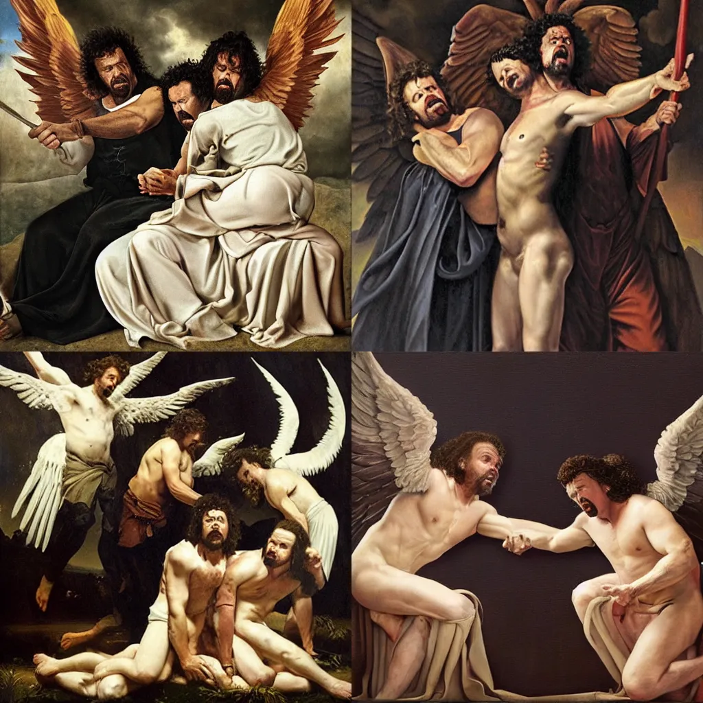 Prompt: Danny McBride and Walton Goggins as fallen angels, baroque painting