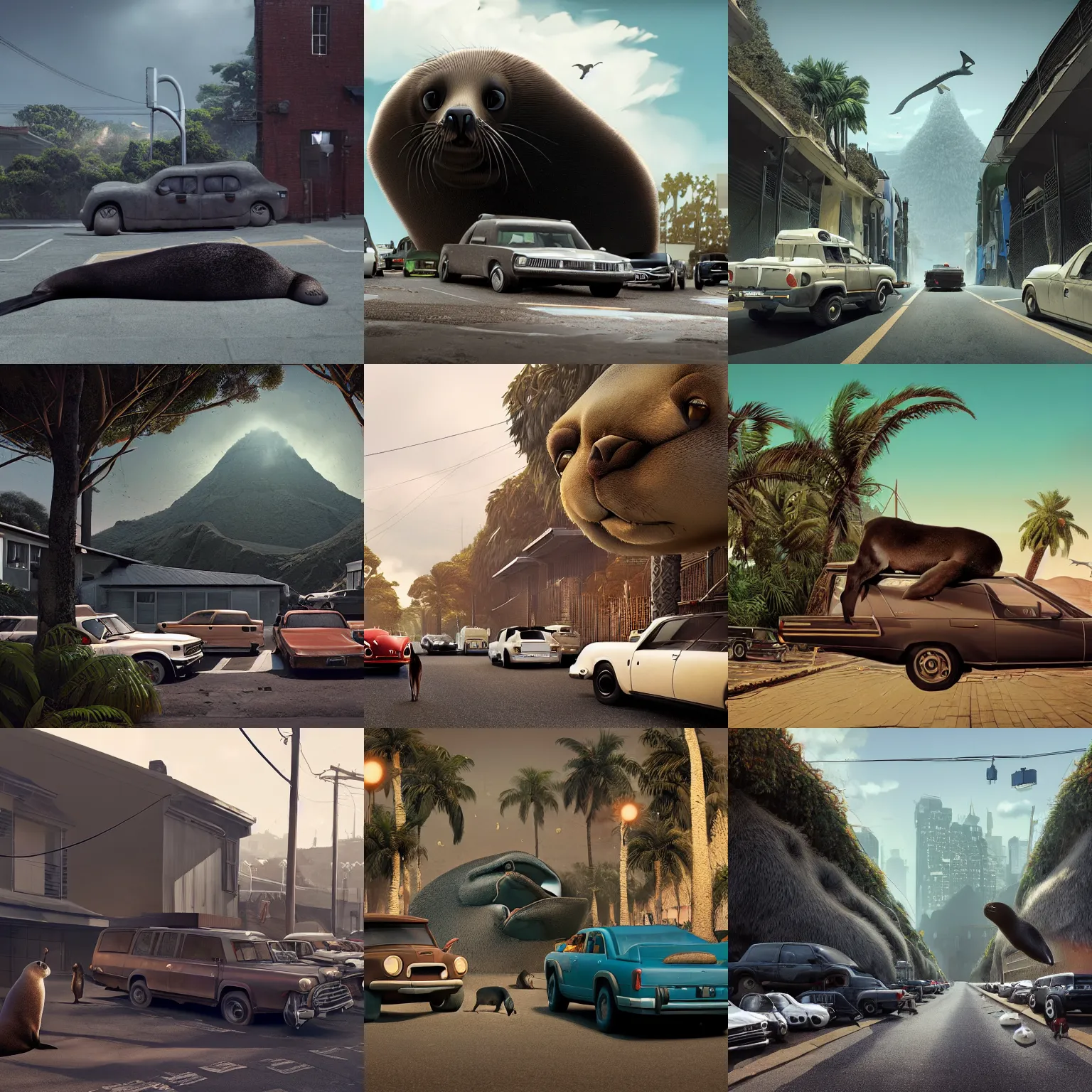 Prompt: a giant south american fur seal australis in a route full of cars, by tomer hanuka, john kenn mortensen, crhistopher nolan, octane render, dramatic ilumination