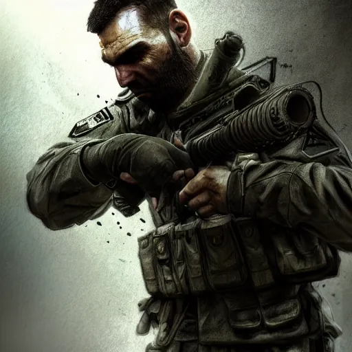 Prompt: a portrait of a soap mactavish ,call of duty, military , game concept art, illustration, HDR, natural light, shoulder level shot, dynamic pose, award winning photograph, Mucha style 4k,