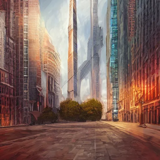 Prompt: an epic digital painting of an intimidating giant, very tall, stunning buildings, long shot angle