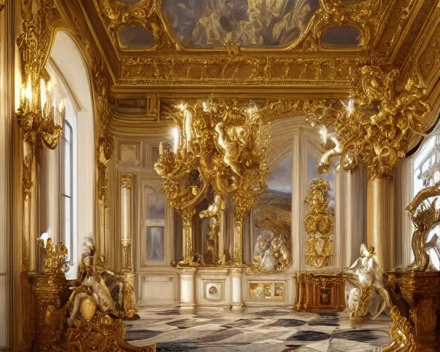 Image similar to photo of rococo interior, hyperrealism, extreme detail, intricate, elegant, highly detailed, sharp focus