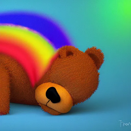 Image similar to teddy bear vomiting rainbow, photorealistic