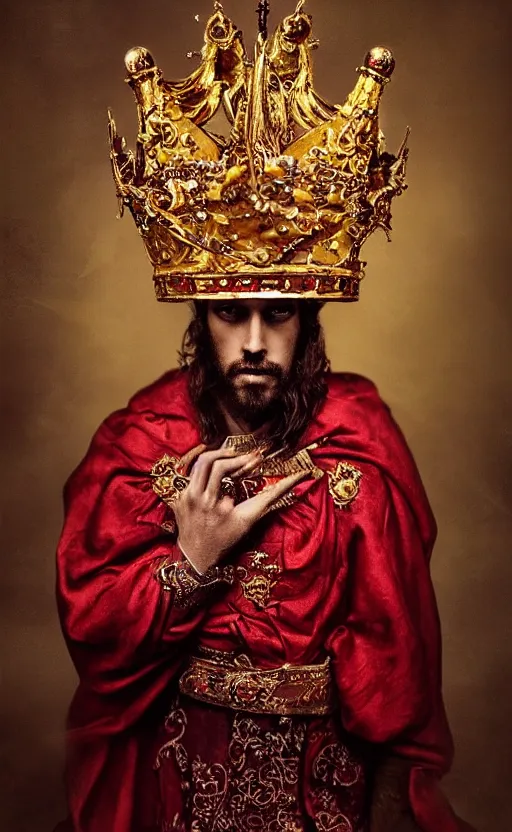 Image similar to 'Portrait of Crowned King Arthur' by Lee Jeffries royally decorated, whirling plasma, atmospheric motes, red and gold Sumptuous garb, gilt silk fabric, radiant colors, fantasy, perfect lighting, studio lit, micro details,