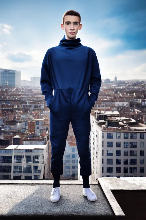 Image similar to un ultra high definition studio quality photographic art portrait of a young man standing on the rooftop of a british apartment building wearing soft padded silver pearlescent clothing. three point light. extremely detailed. golden ratio, ray tracing, volumetric light, shallow depth of field. set dressed.