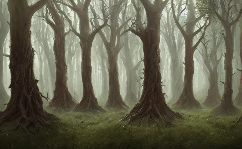 Image similar to A painting of A forest of Ents decide to invade a wiccan ritual in the middle of their woods trending on artstation in the style of Greg Rutkowski