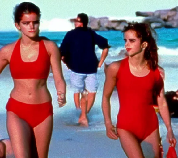 Prompt: color still shot of emma watson on baywatch 1 9 8 9 tv show