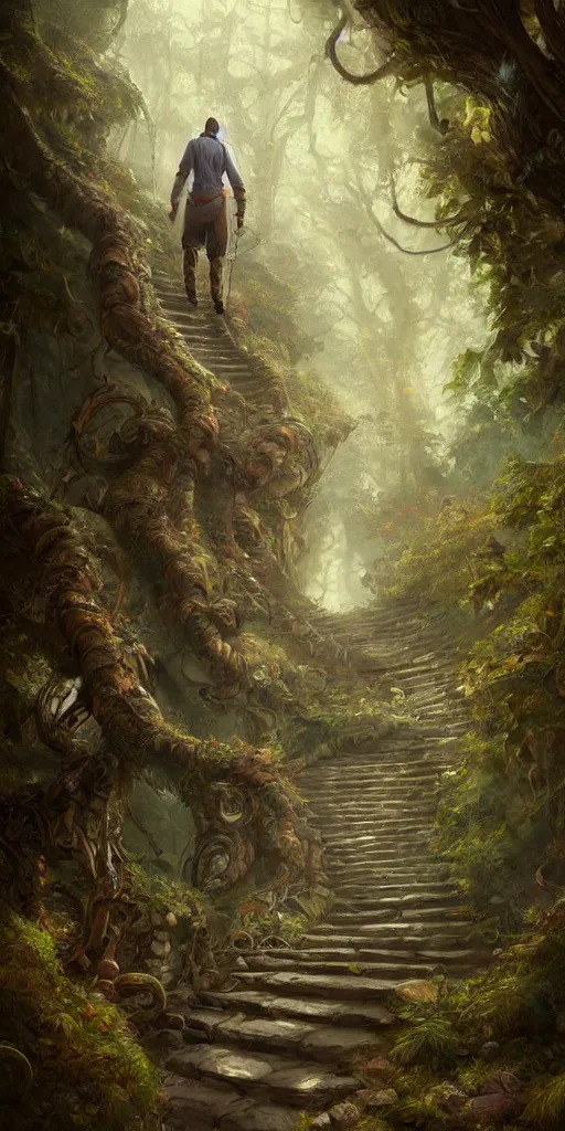 Prompt: a man walking up a steep and winding staircase, in magical woods, intricate, elegant, highly detailed, digital painting, artstation, concept art, sharp focus, beautiful illustration, by justin gerard and artgerm, 8 k