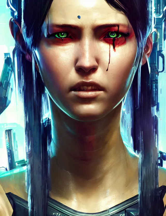 Image similar to close face portrait of a young female waitress as cyberpunk 2 0 7 7 concept art, art by ryo shiotani and greg rutkowski, intricate, beautiful, cute, cinematic lighting, vintage art by serge ivanoff, high resolution, very detailed