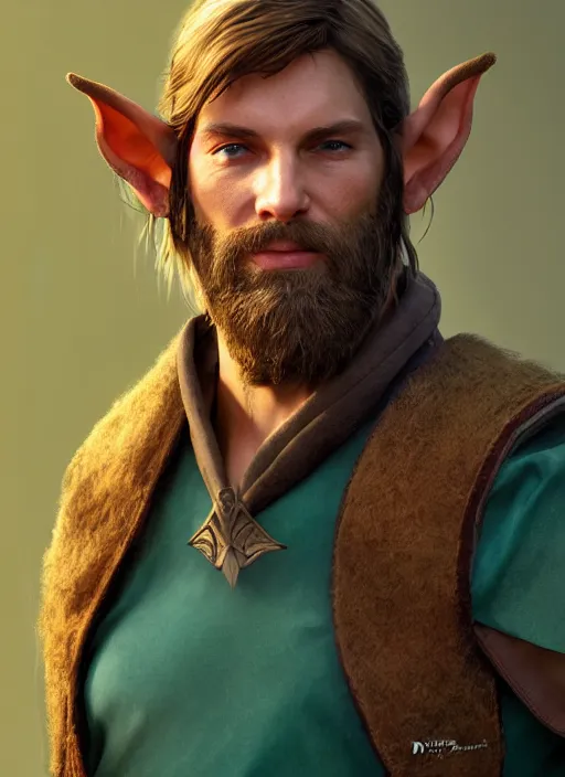 Image similar to an arrogant half-elf ranger, teal tunic, teal headband, shaggy brown hair, scruffy beard, scar on face, D&D Concept Art, unreal 5, DAZ, Apex legends concept art, realism, portrait painting, hyperrealistic, octane render, cosplay, RPG portrait, dynamic lighting, epic, striking, hyper real, comic book style art