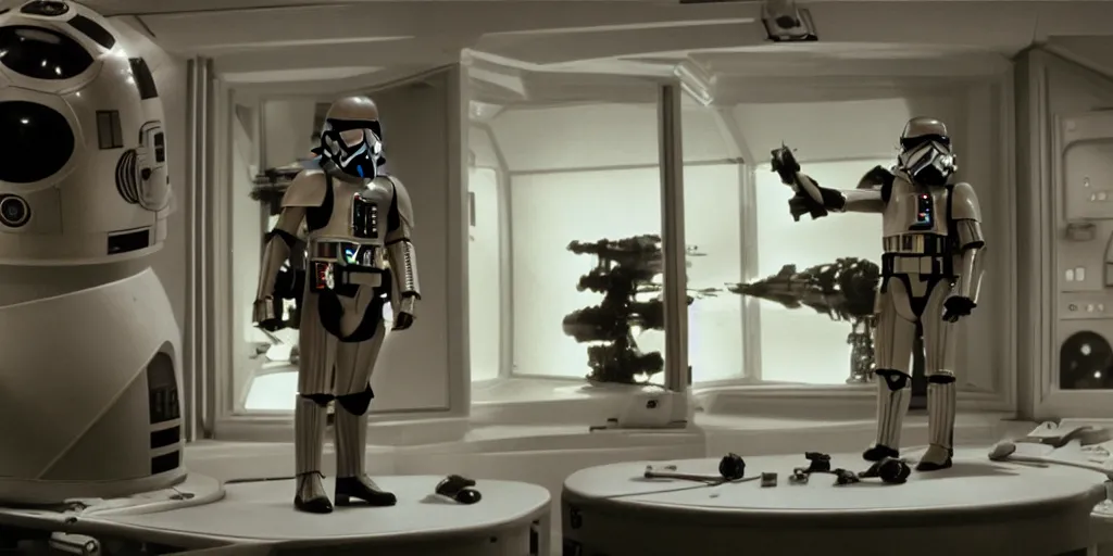 Image similar to a still from a film of a naval officer standing, back turned, in front of a large window with a live action Star Wars space battle, 35mm, directed by George Lucas, miniatures, ILM