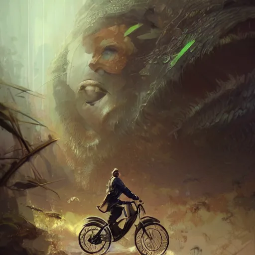 Image similar to man with receding hairline riding bike, intricate, elegant, highly detailed, digital painting, artstation, concept art, matte, illustration, hearthstone, art by artgerm and greg rutkowski and alphonse mucha, simon stalenhag, hyperreal