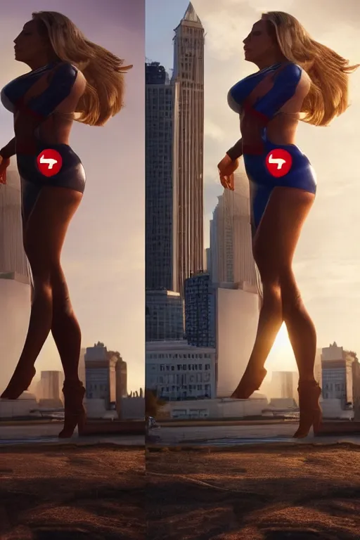 Image similar to VFX movie still frame portrait beautiful DC vs. Marvel hero Lindsey pelas natural skin, hero pose, natural evening light in the city by Emmanuel Lubezki