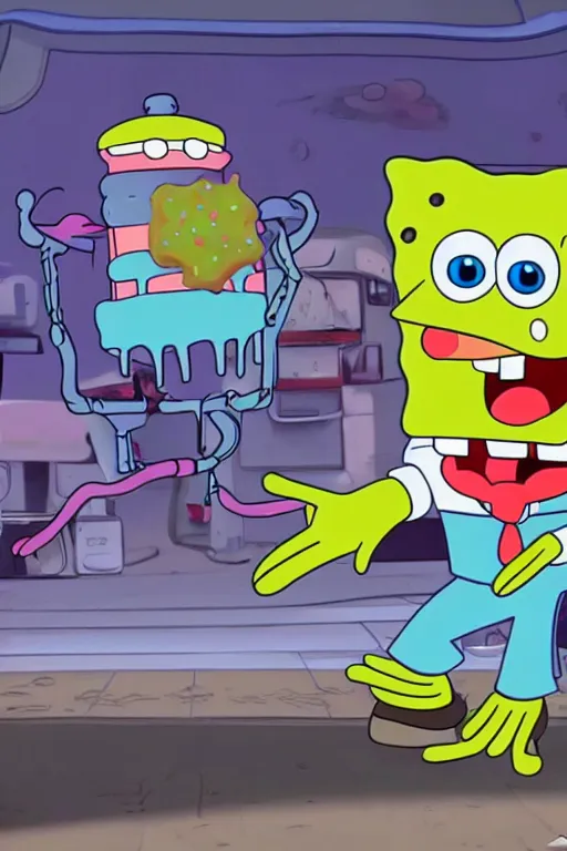 Prompt: sifi spongebob fight mr crabs for a burger, anime, 4 k