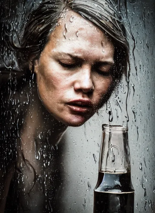 Image similar to expressive potrait photo of sad tired woman in the rain eating a bottle, glamour shot, by jenny saville, by stefan gesell, photorealistic, canon r 3, fashion photography, hyper maximalist, elegant, ornate, luxury, elite, environmental portrait, symmetrical features, octane render, unreal engine, solid dark grey background, dramatic lights