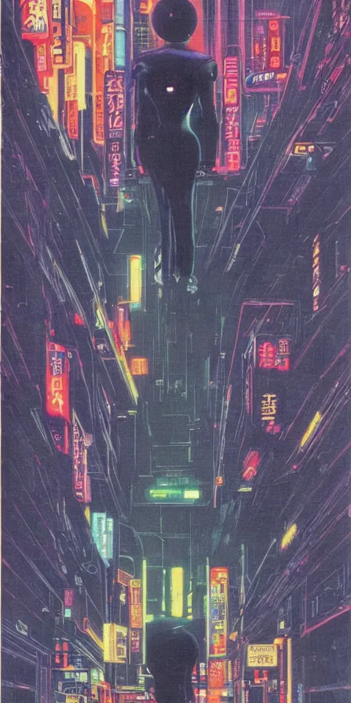 Image similar to 1979 OMNI Magazine Cover of a raven in neo-Tokyo in cyberpunk style by Vincent Di Fate