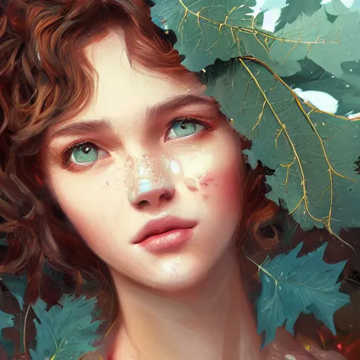 Image similar to A beautiful digital painting of a beautiful girl with teal skin and antlers made of wood, brown curly hair with autmn leaves, by Stanley Artgerm Lau, WLOP, Rossdraws, James Jean, Andrei Riabovitchev, Marc Simonetti, and Sakimichan, trending on artstation, SFW version