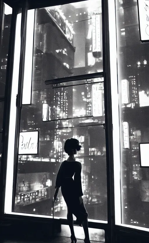 Image similar to vertical movie frame, girl in 5 0's retro restaurant, editorial, fashion, neon - decorated urban on night in the city seen through the window, modern architecture design, vintage, night, blade runner, dark, postapocalyptic, clean lines, asian futuristic city at distance, big windows, octane, wide angle