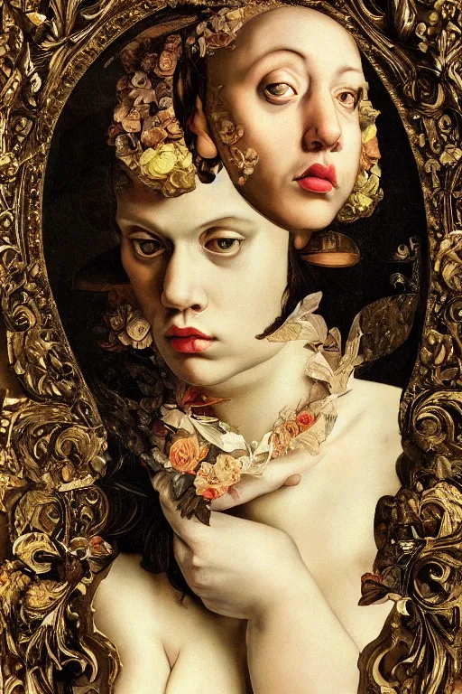 Image similar to Detailed maximalist portrait with large lips and with large white eyes, sad, exasperated expression, HD mixed media, 3D collage, highly detailed and intricate illustration in the style of Caravaggio, dark art, baroque