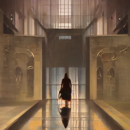 Image similar to beautiful woman, courtyard, capital, cybermosque interior, control panel, watcher, omniscient, tech noir, wet reflections, impressionism, matte painting, speed painting, chiaroscuro, oil on canvas