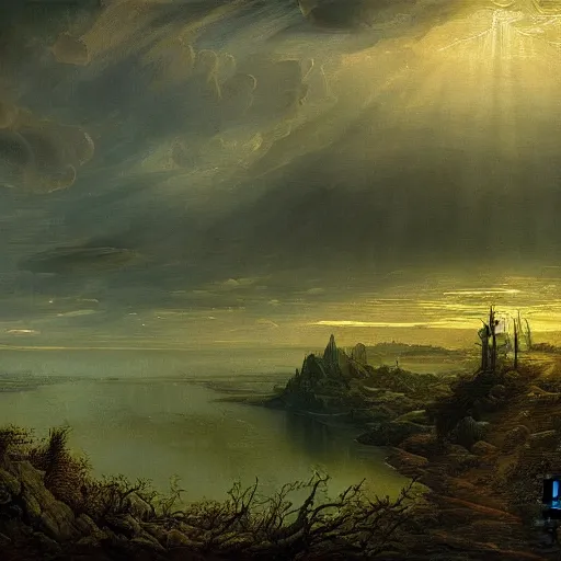 Image similar to an ethereal intricate and fantastically horrifying hyperdetailed painting of a lake by darrell bush, zaria forman, maxim grunin, carina francioso, jan van goyen, and caspar david friedrich 8 k resolution