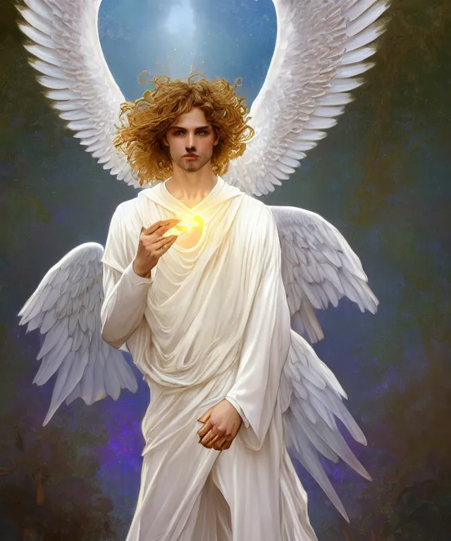 Image similar to fullbody symmetrical portrait of a beautiful young fit male angel with curly blond hairs, full dressed in long fluent clothes, majestic big dove wings, luminous halo, by greg rutkowski and alphonse mucha, gradient white to gold, in front of an iridescent background, highly detailed portrait, digital painting, artstation, concept art, smooth, sharp focus illustration