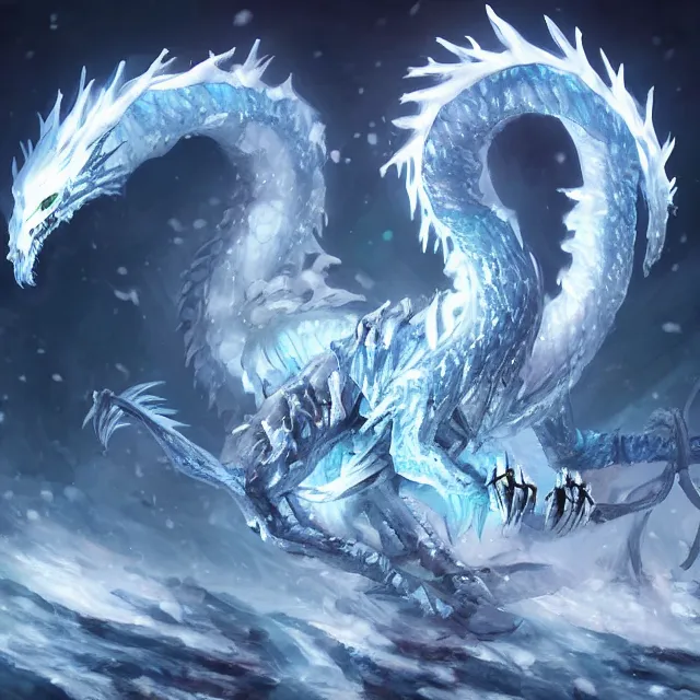 Prompt: a skeletal ice dragon, winter hell blue flames, artwork by Jaemin Kim