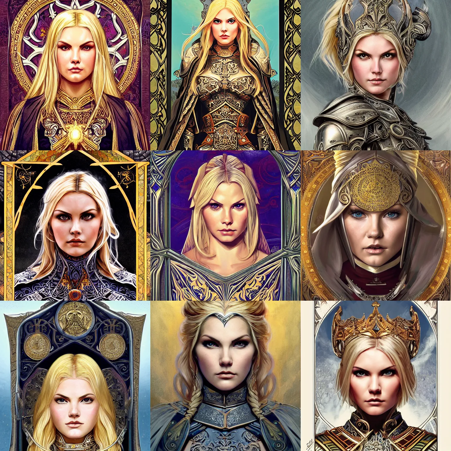 Image similar to head-on symmetrical centered painted portrait, Elisha Cuthbert as a paladin, blonde hair, ornate iron armour, art nouveau, tarot card style, medieval robes, fantasy, intricate, elegant, highly detailed, smooth, sharp focus, illustration, artstation, in the style of Artgerm and Anna Podedworna and Alex Ross and Mucha