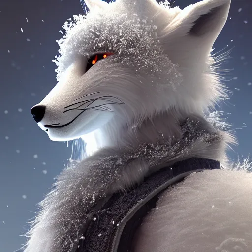 Prompt: a portrait of a cold snowy furry fox covered in snow, ice, particles, octane render, unreal engine, digital art.