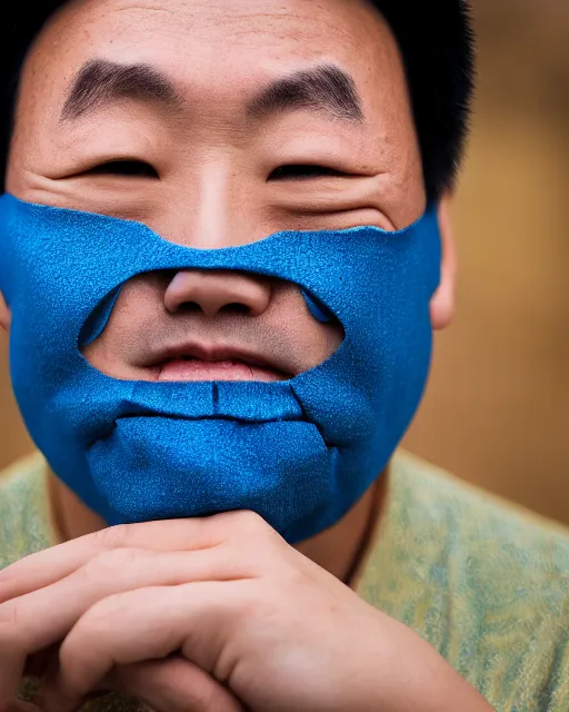 Image similar to gold, blue, photo of a balding asian male, 8 k, 8 5 mm f 1. 8