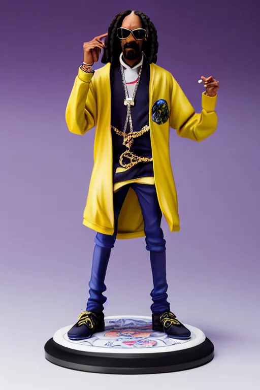 Image similar to still high quality figurine of snoop dogg, tsurime eyes, tareme eyes, personification, dynamic pose, detailed product photo, featured on amiami, tone mapped, beautiful composition, 8 5 mm, f. 1 4