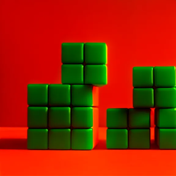 Image similar to a 3 d render of a stack of green cubes on the left and an orange ball on the right in a red room, blender, ue 5, octane render, trending on artstation