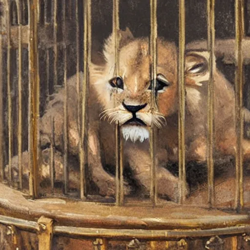 Image similar to adorable lion cub in a cage on a medieval fantasy market, oil painting, by greg rutkowski