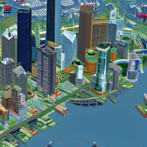 Prompt: canary wharf, screenshot from simcity pc game