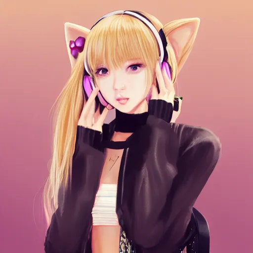 Image similar to realistic beautiful gorgeous natural cute Blackpink Lalisa Manoban blonde hair cute fur blonde cat ears wearing headphones wearing black leather choker in sweaters outfit golden eyes artwork drawn full HD 4K highest quality in artstyle by professional artists WLOP, Taejune Kim, Guweiz, ArtGerm on Artstation Pixiv