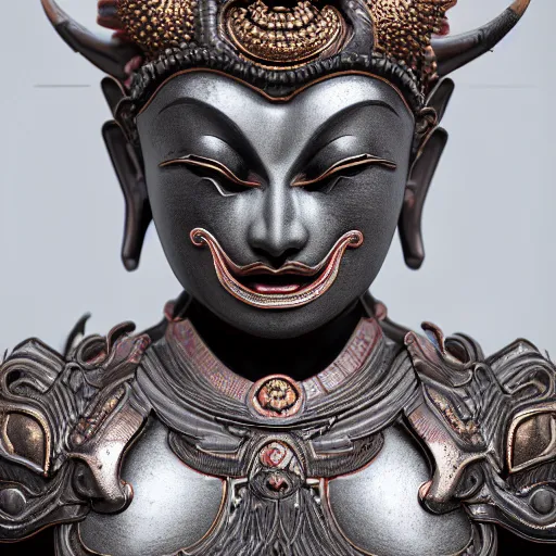 Image similar to naraka buddhist demon korean female, highly detailed, symmetrical long head, smooth marble surfaces, detailed ink illustration, raiden metal gear, cinematic smooth stone, deep aesthetic, concept art, post process, 4 k, carved marble texture and silk cloth, latex skin, highly ornate intricate details, in the style of 8 8 grzes