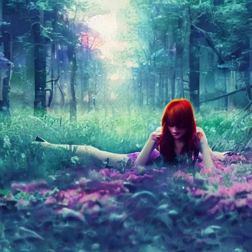 Image similar to “album cover very beautiful watercolor painting of redhead girl laying on a ground in a magic forest in a cyberpunk pixelsorting style”