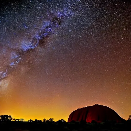 Prompt: Uluru at night, Milky Way Galaxy, photography