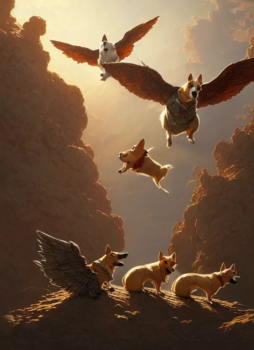 Image similar to masterpiece concept art, three corgis with wings, by greg rutkowski and geof darrow, 8 k, intricate detail, cinematic lighting