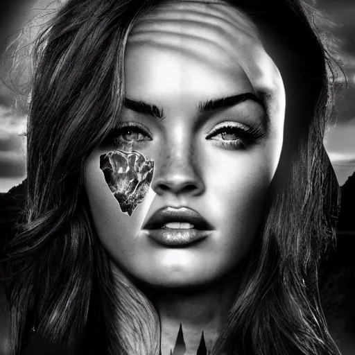 Image similar to double - exposure effect of megan fox face in the shape of beautiful mountains, in the style of dan mountford, amazing detail, black and white