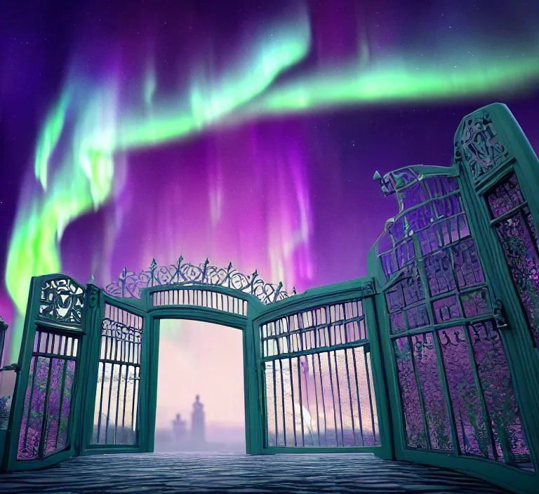 Image similar to a very detailed concept art of intricate gates to aurora borealis, trending on artstation, symmetry, digital art, 4 k, hyper realistic, octane render, sharp focus