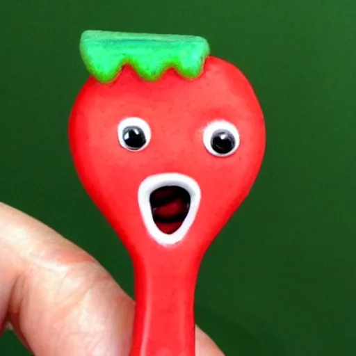 Image similar to a cute strawberry character with two front teeth, holding a yellow toothbrush, in the style of richard scarry