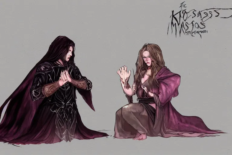 Image similar to the dark sorceress bestows her magic upon her disciple, which is kneeling in front of her, concept art, trending on artstatio HD