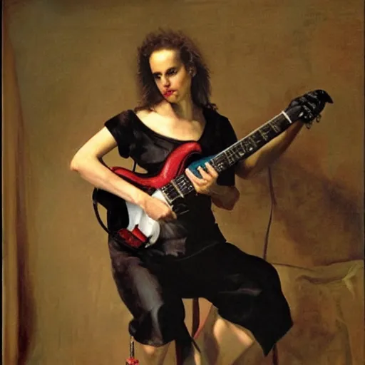 Prompt: Anna Calvi playing electric guitar, oil painting by Diego Velázquez