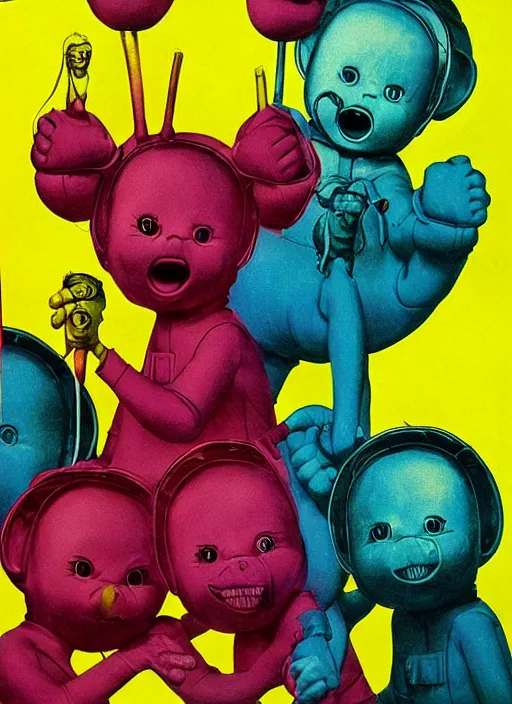 Image similar to teletubbies disgusting true form revealed, horror, high details, intricate details, by vincent di fate, artgerm julie bell beeple, 1 9 8 0 s, inking, vintage 8 0 s print, screen print